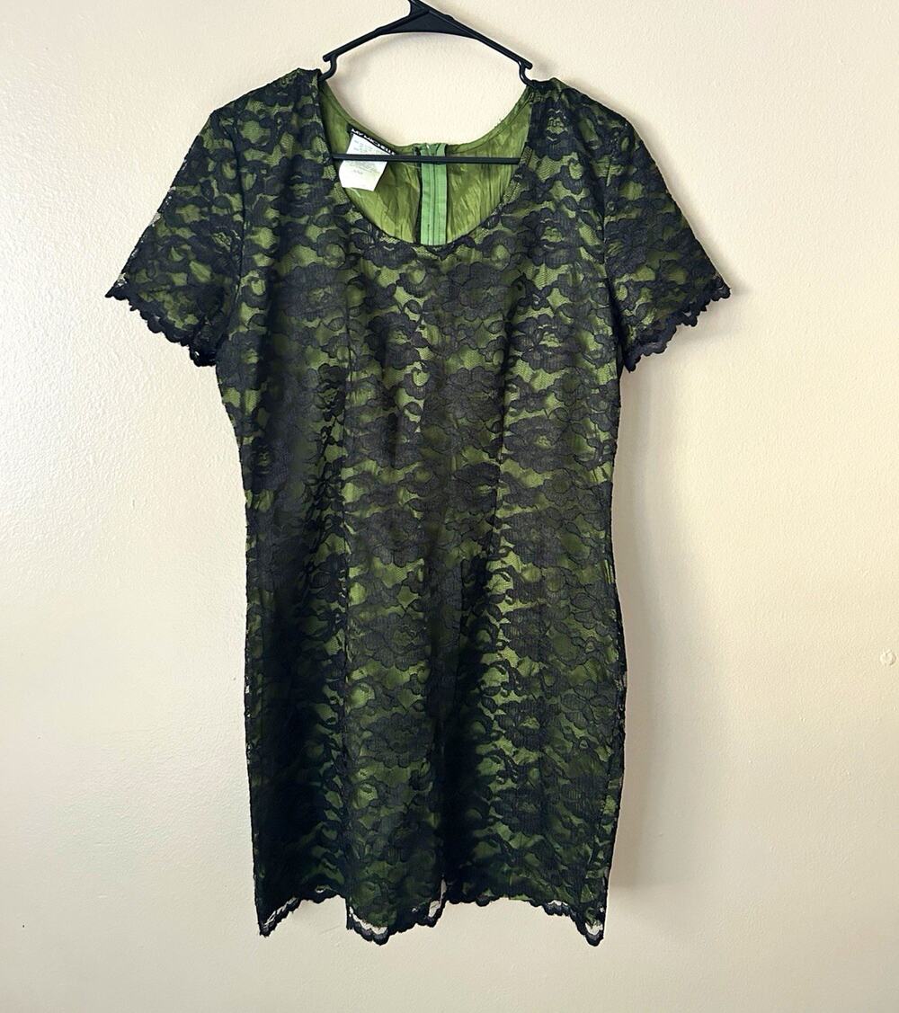 Vintage 90s My Michelle Olive Green & Black Lace Overlay Dress Size S Made in